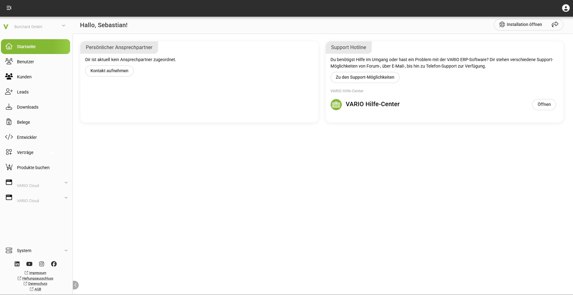 VARIO Cloud Admin Center – Kundenportal für Verträge, Support und Benutzer