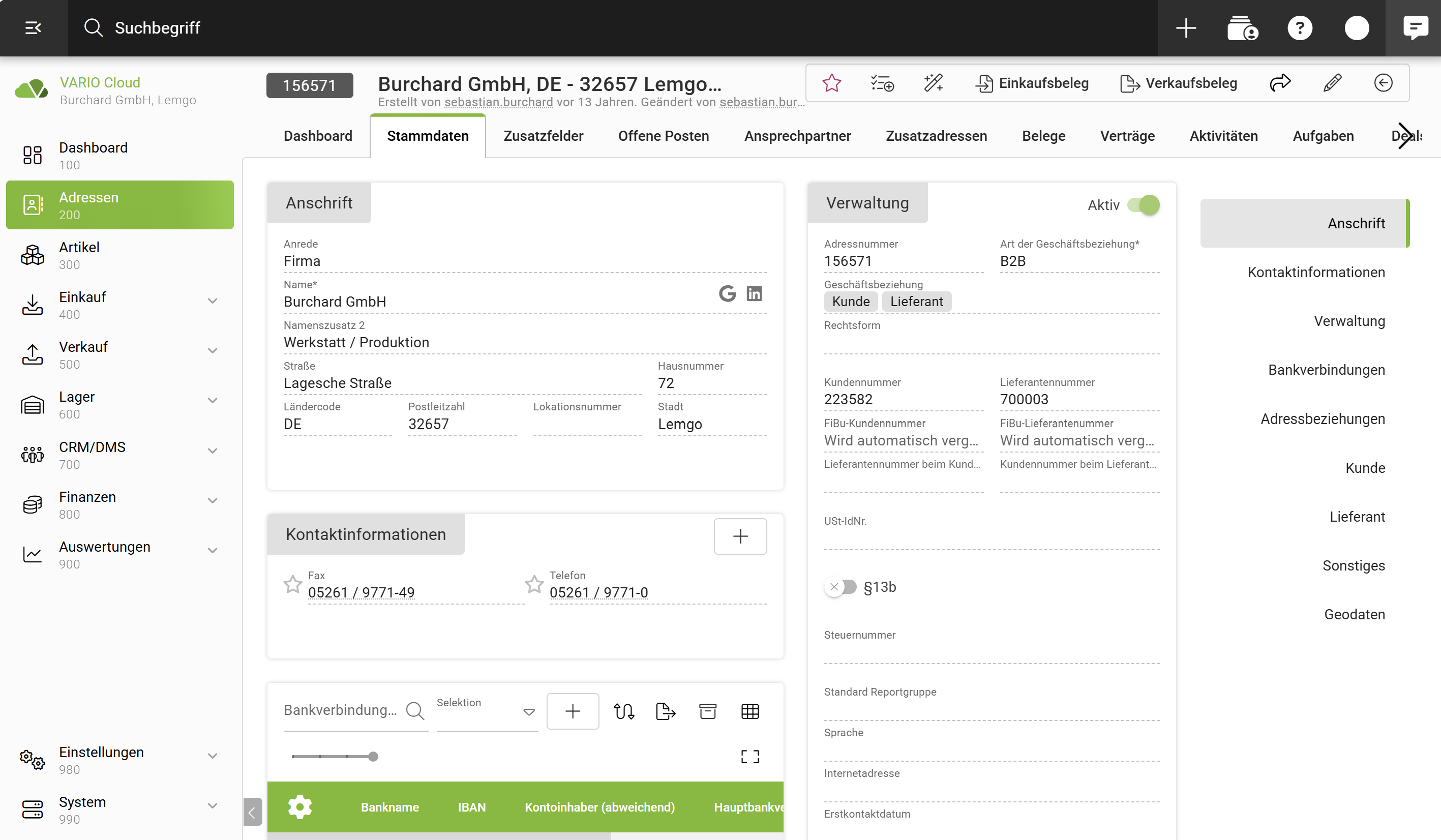 VARIO Cloud Adressenverwaltung – Kundenstammdaten mit Tabs für Verwaltung, Ansprechpartner, Belege