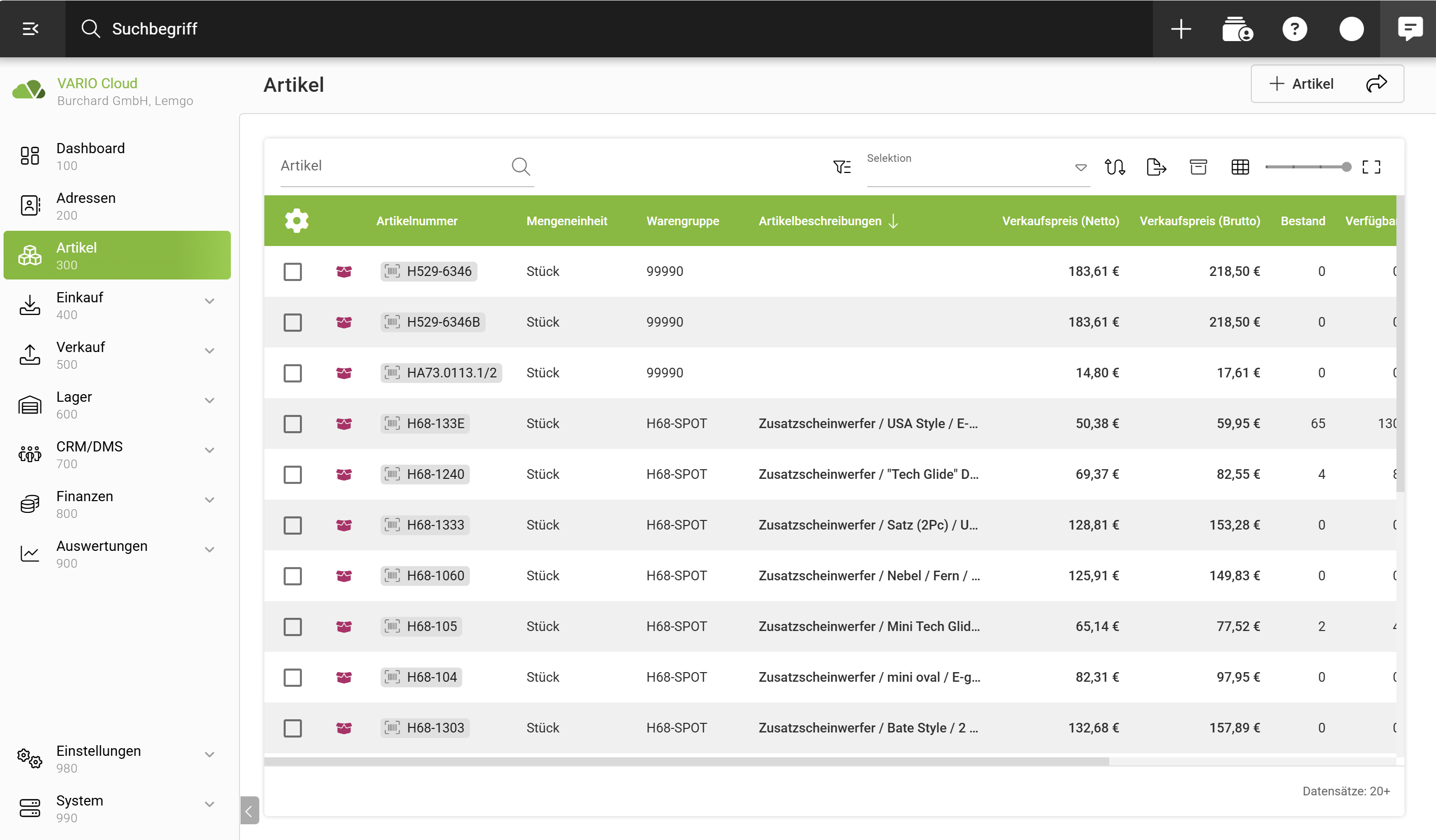 VARIO Cloud Artikelverwaltung – Produkttabelle mit Warengruppen, Preisen und Beständen